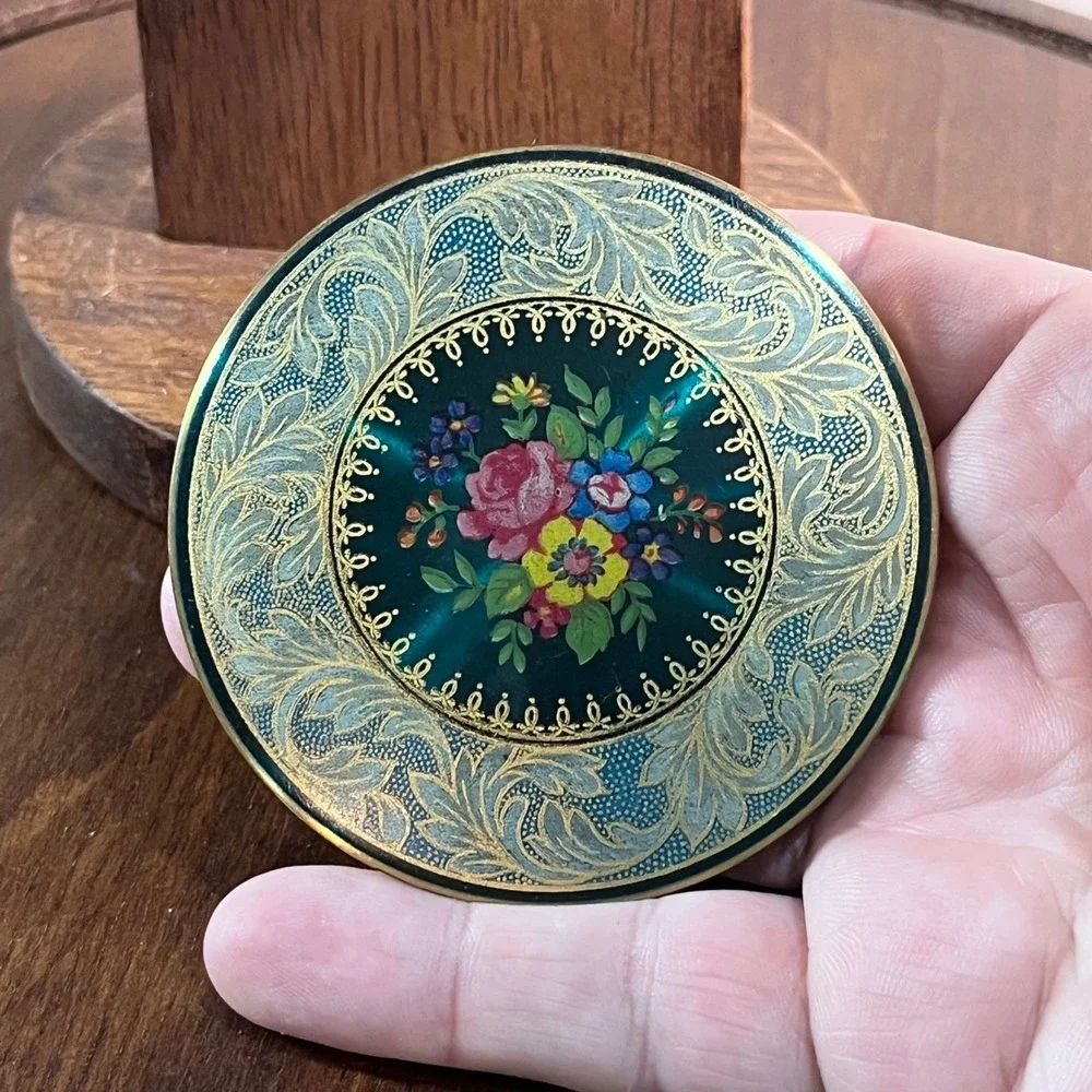 Vtg Stratton England Floral Enamel Powder Compact Teal Gold Tone Made in UK